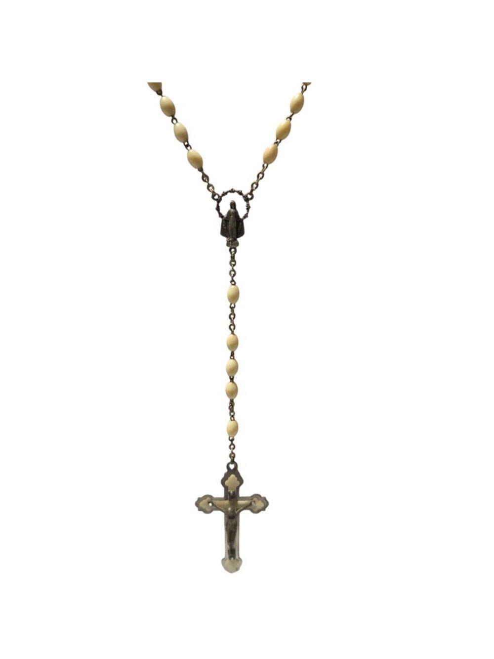 Vintage Italy Catholic Rosary Cream Bead Virgin Mary Crucifix Silver Tone Marian